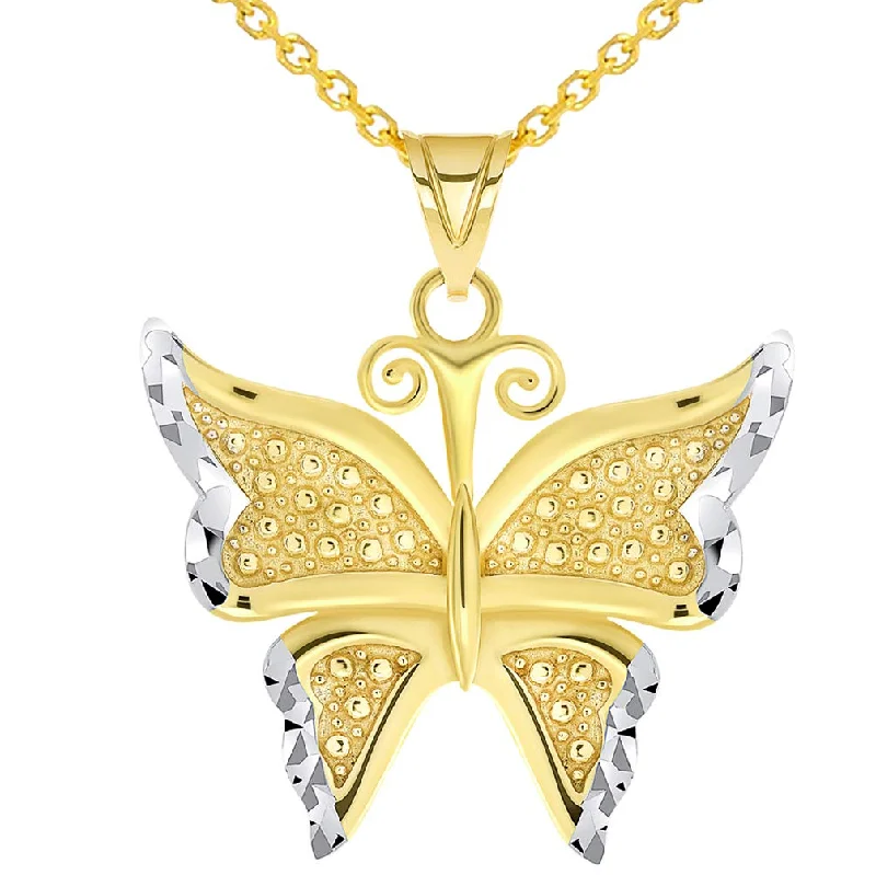 women engraved charm necklaces -14k Yellow Gold Polished and Textured Two-Tone Butterfly Pendant Necklace