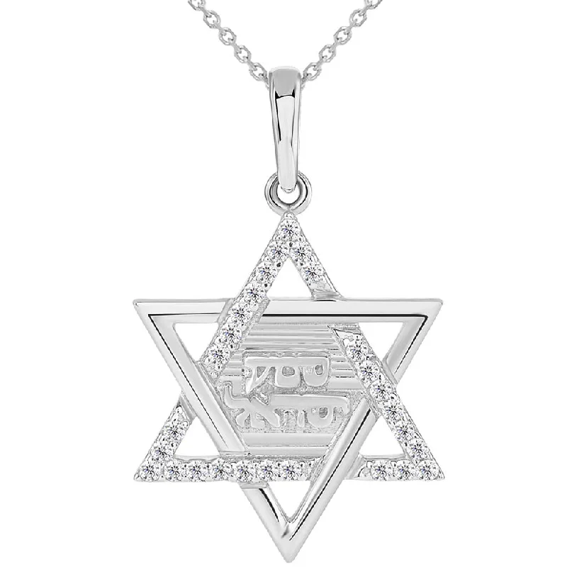 women custom engraved necklaces -Solid 14k White Gold Hebrew Shema Yisrael CZ Star of David Pendant Necklace