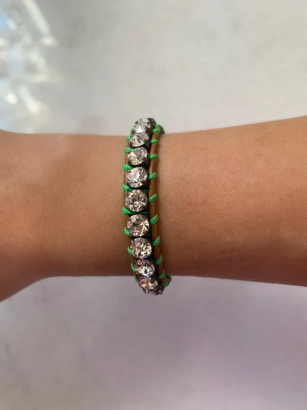 women birthstone bangles -Swarovski Crystal Leather Bracelet/Clear & Neon Green