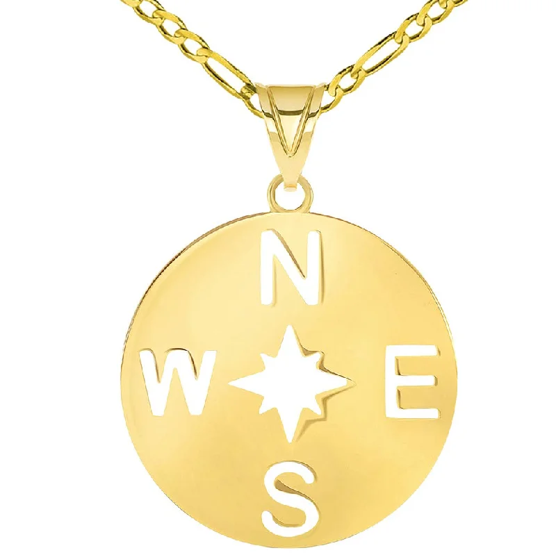 women butterfly necklaces -14k Yellow Gold Round 8-Point Wind North Star Compass Rose Pendant Figaro Chain Necklace