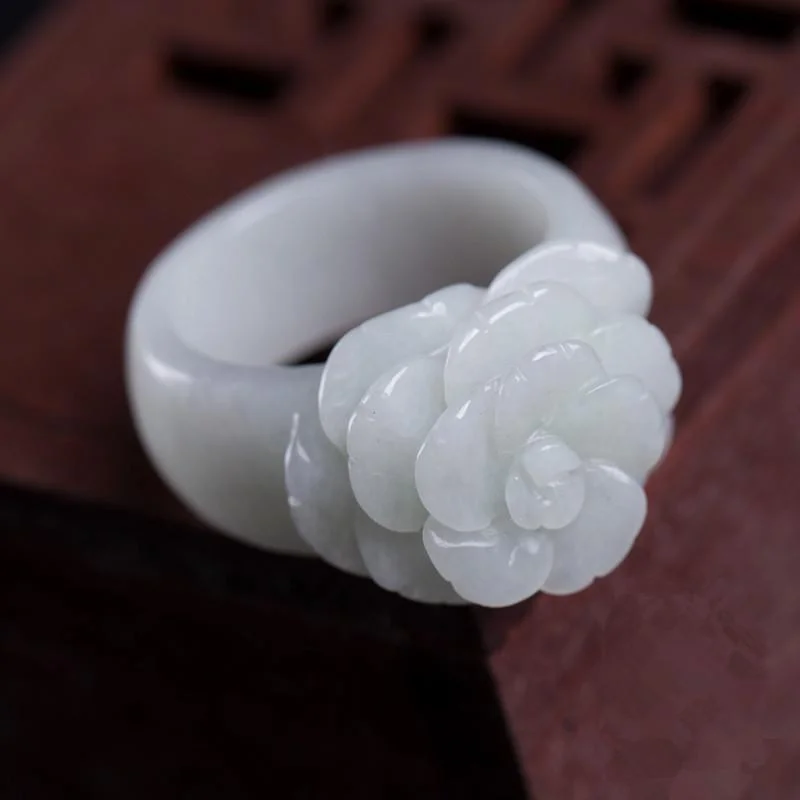 women custom rings -White Jadeite Rose Ring