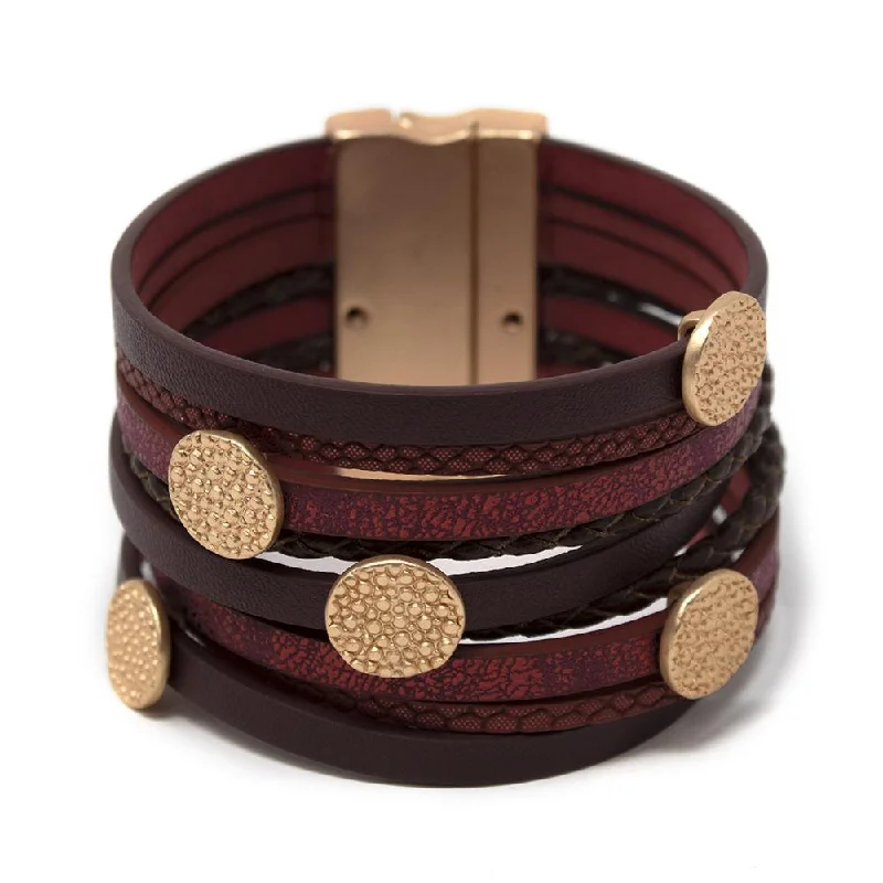 women wire bracelets -Multi Row Red/Brown Leather Bracelet Hammered Disc