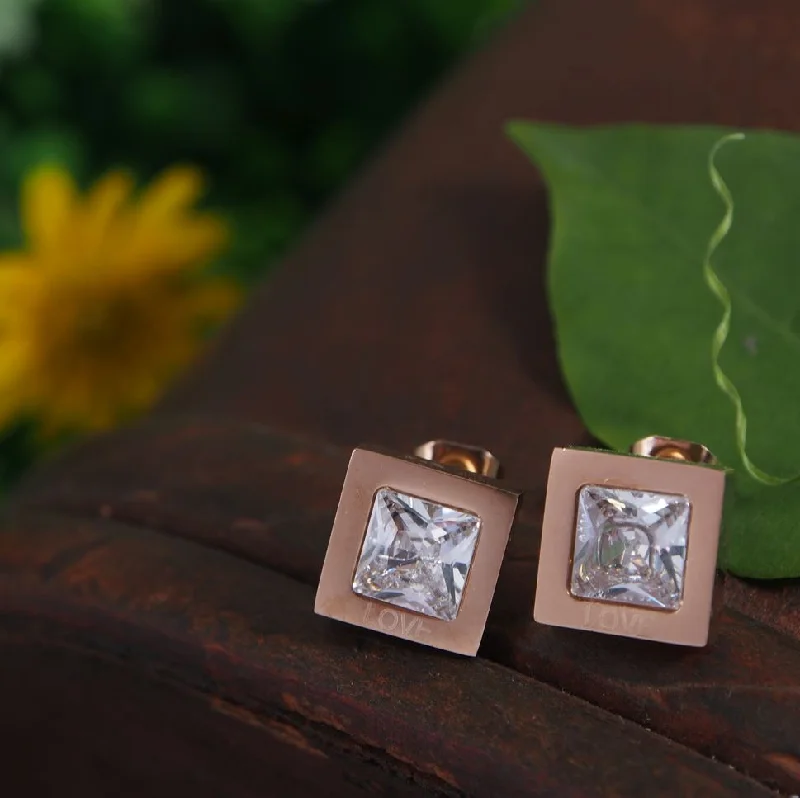 women retro earrings -Tarohi JewelsStainless Steel Rosegold Plated Square CZ Stud Earring-STNER 2825