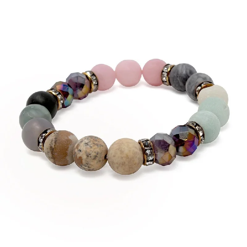 women bangle stack bracelets -Semi Precious Stone Stretch Bracelet Pink/Mixed Colors with Pave