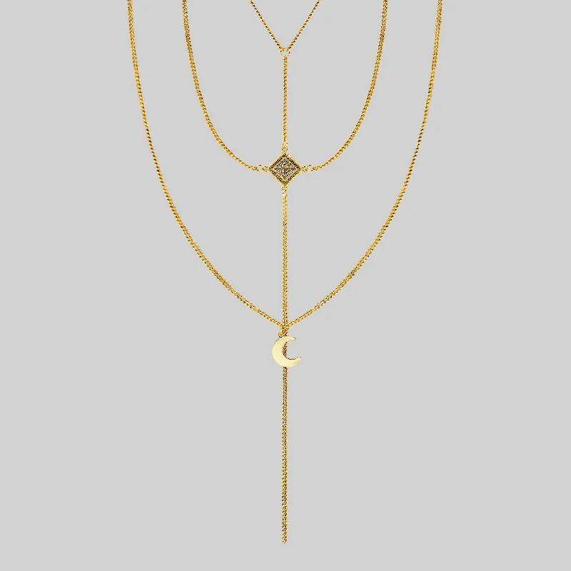 women heart-shaped pendant necklaces -ZODIAC. Layered Moon Chain Choker - Gold