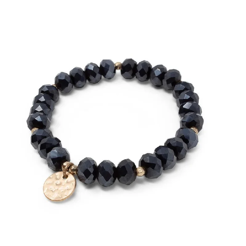 women antique bracelets -Navy Glass Bead Bracelet with Disc Charm Gold Tone