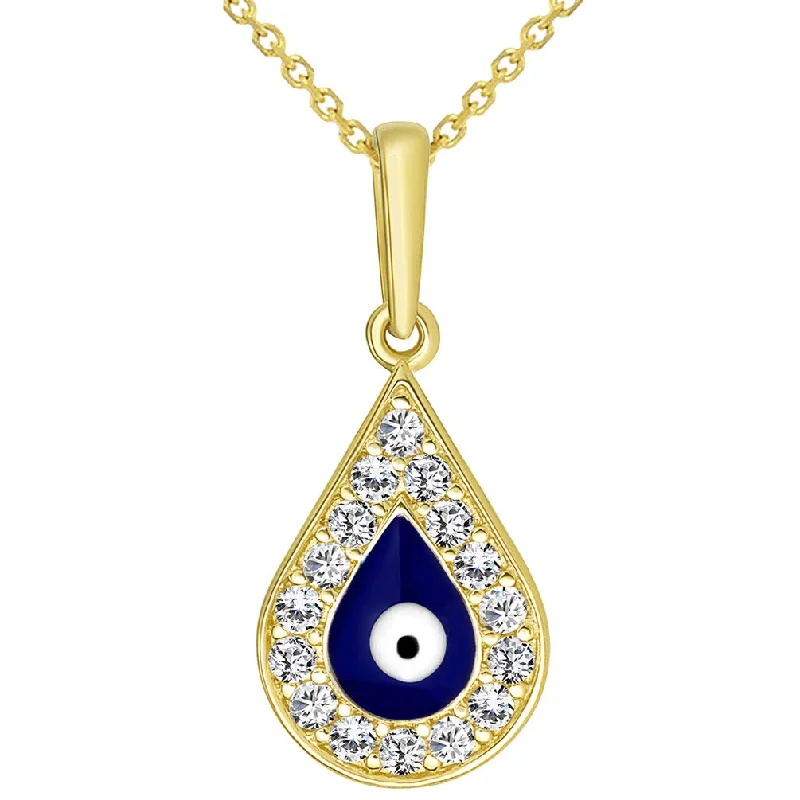 women pearl necklaces -14k Yellow Gold Cubic Zirconia Teardrop Blue Evil Eye Charm Pendant Necklace