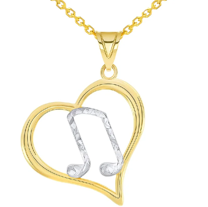 women charm necklaces -14k Yellow Gold Textured Two Tone Musical G Clef Note In Open Heart Pendant Necklace