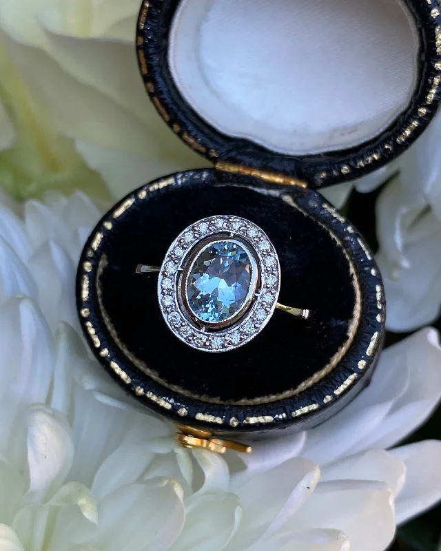 women cushion diamond rings -Aquamarine and Diamond Art Deco Platinum Ring 0.15ct + 1.20ct