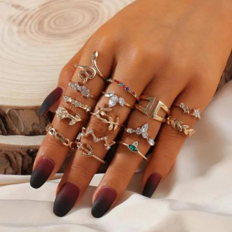 women silver rings -15 Pcs Rhinestone Rings.