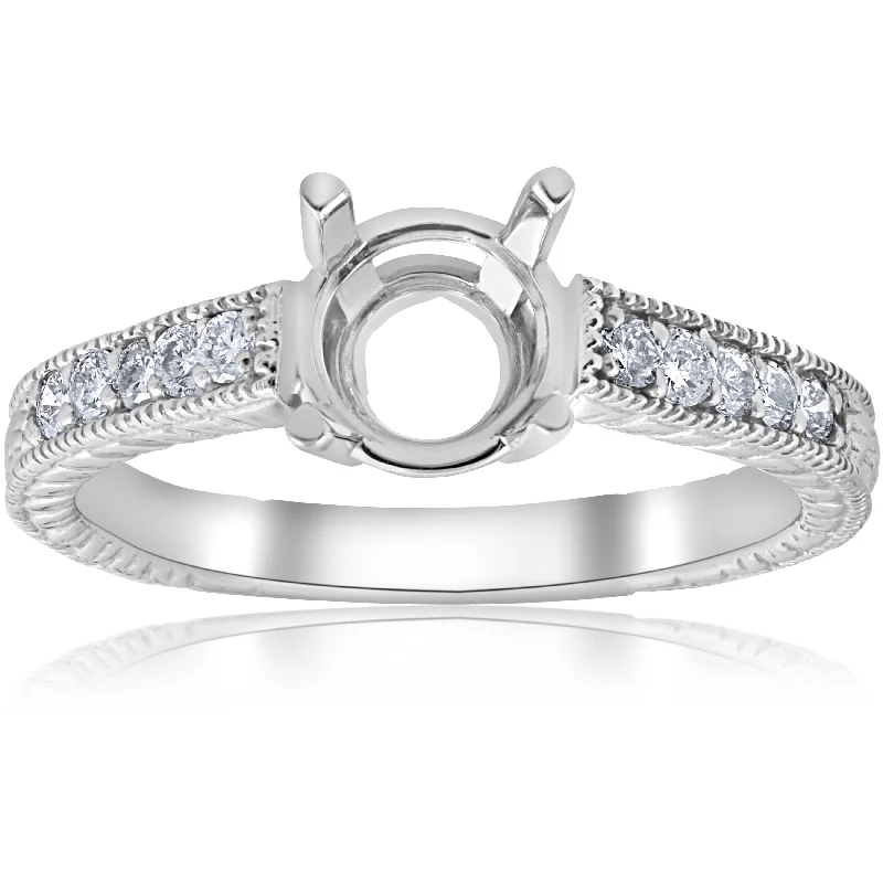 budget engagement rings -1/5ct Hand Engraved Diamond Engagement Ring Setting 14k White Gold Fits 6-6.5mm