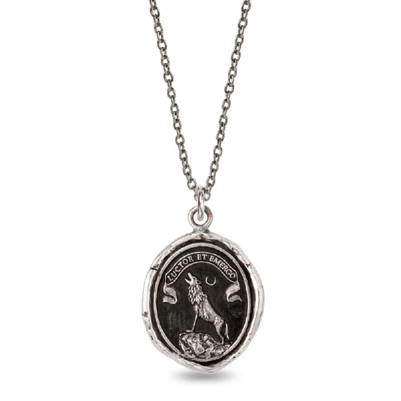 women diamond necklaces -Sterling Silver Wolf & Moon Talisman Necklace - "Struggle and Emerge"