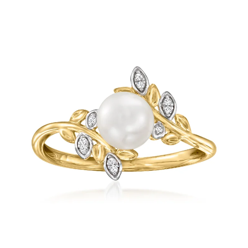 alternative gemstone engagement rings -Ross-Simons 6-6.5mm Cultured Pearl Leaf Ring With Diamond Accents in 14kt Yellow Gold