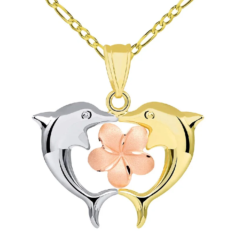 women birthstone pendant necklaces -14k Gold High Polish Kissing Dolphins with Hawaiian Plumeria Flower Pendant Figaro Necklace - Tri Color Gold