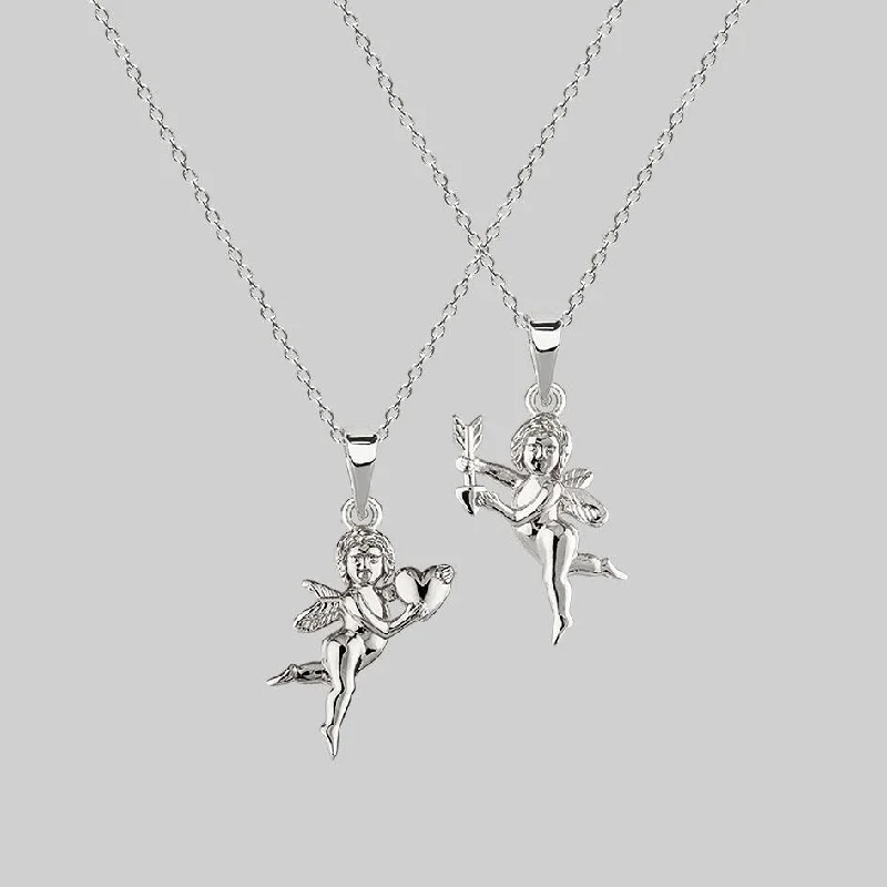 women heart pendant necklaces -Cupid & Psyche Lovers Layering Necklace - Silver