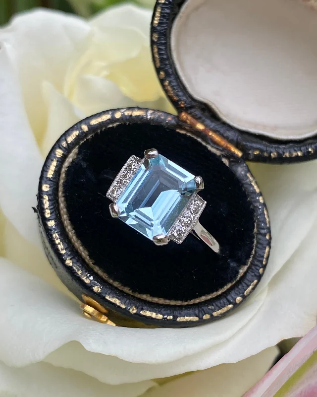 women two-tone rings -Art Deco Aquamarine and Diamond Platinum Ring 0.15ct + 1.70ct