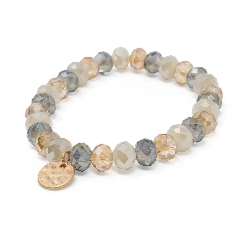 women engraved cuff bracelets -Three Colors Glass Bead Bracelet with Disc Charm Gold Tone