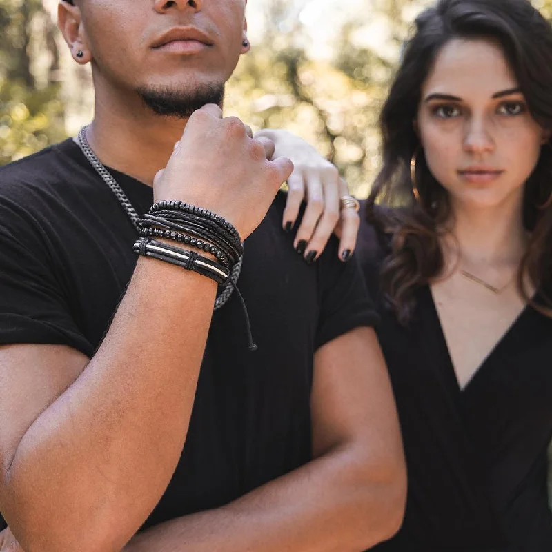 women cuff bracelet sets -Set of Four Suede and Wood Bracelet Black/Cream