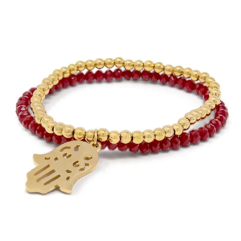 women leather bangles -Stainless Steel Hamsa Hand in Red Glass Bead Bracelet Gold Plated