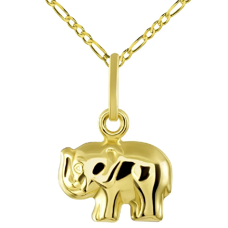 women thick chain necklaces -14K Yellow Gold Mini Elephant Charm Feng Shui Symbol Pendant with Figaro Chain Necklace