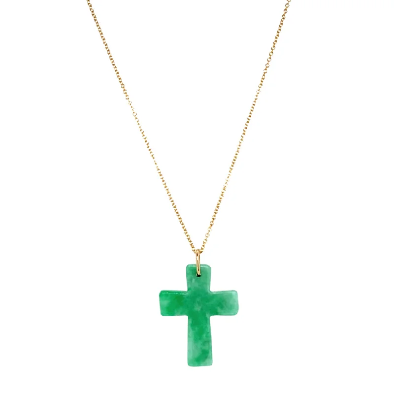 women engraved charm necklaces -Jadeite & Yellow Gold Necklace - "Cross"