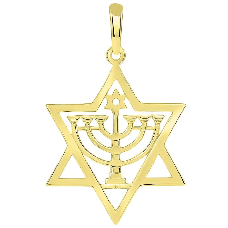 women initial necklaces -Solid 14k Yellow Hebrew Gold Jewish Star of David with Menorah Pendant