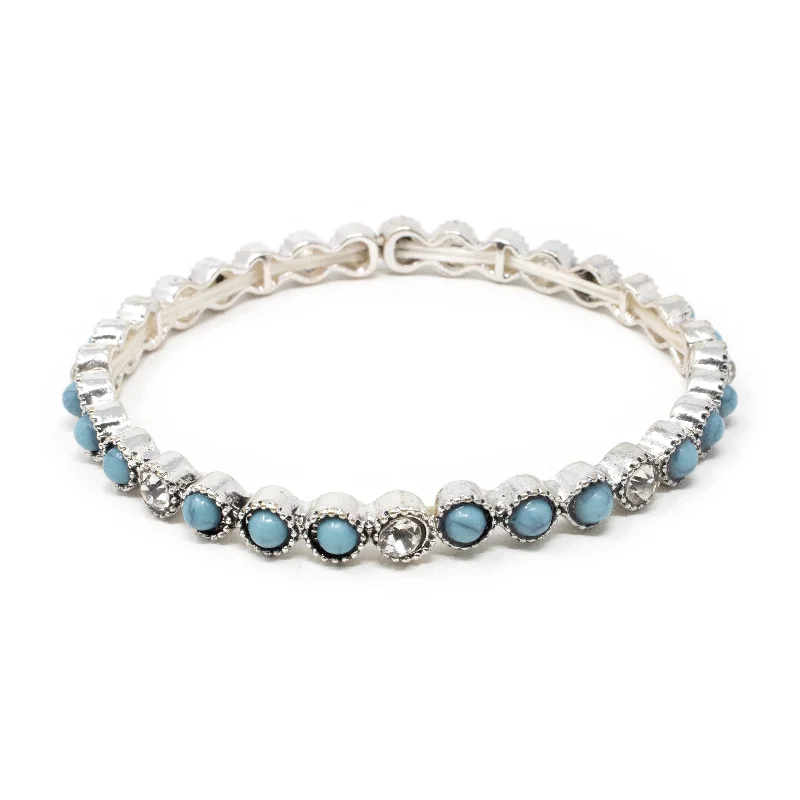 women custom gemstone bracelets -Antique Silver Tone Stretch Bracelet Overall Cubic Zirconia and Turquoise