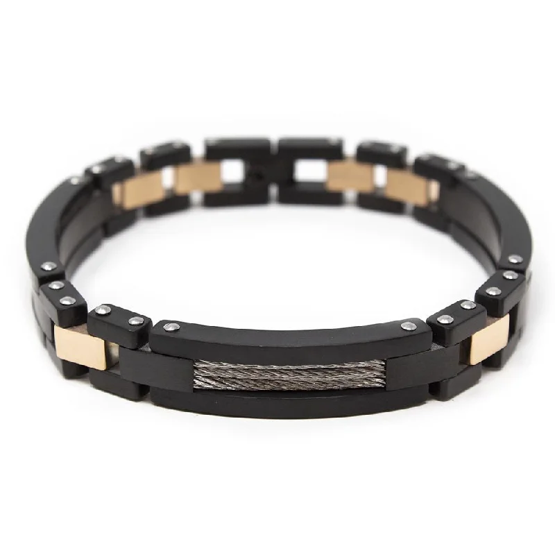 women anniversary bracelets -Black/Rose Gold Stainless Steel Cable Inlay Link Bracelet