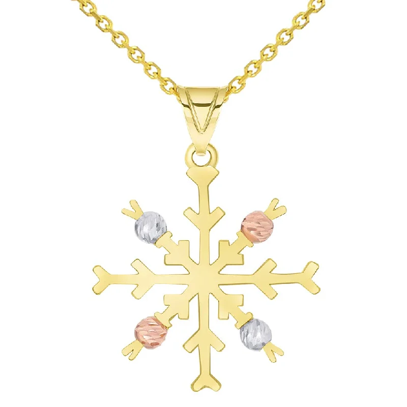 women crystal necklaces -Solid 14k Tri-Color Gold High Polish Snowflake with Textured Beads Pendant Available with Rolo, Curb, or Figaro Chain