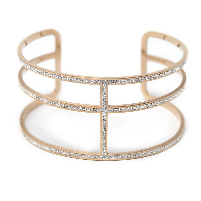 women statement bangles -Stainless Steel Three Pave Bar Cuff Bracelet Rose Gold Plated