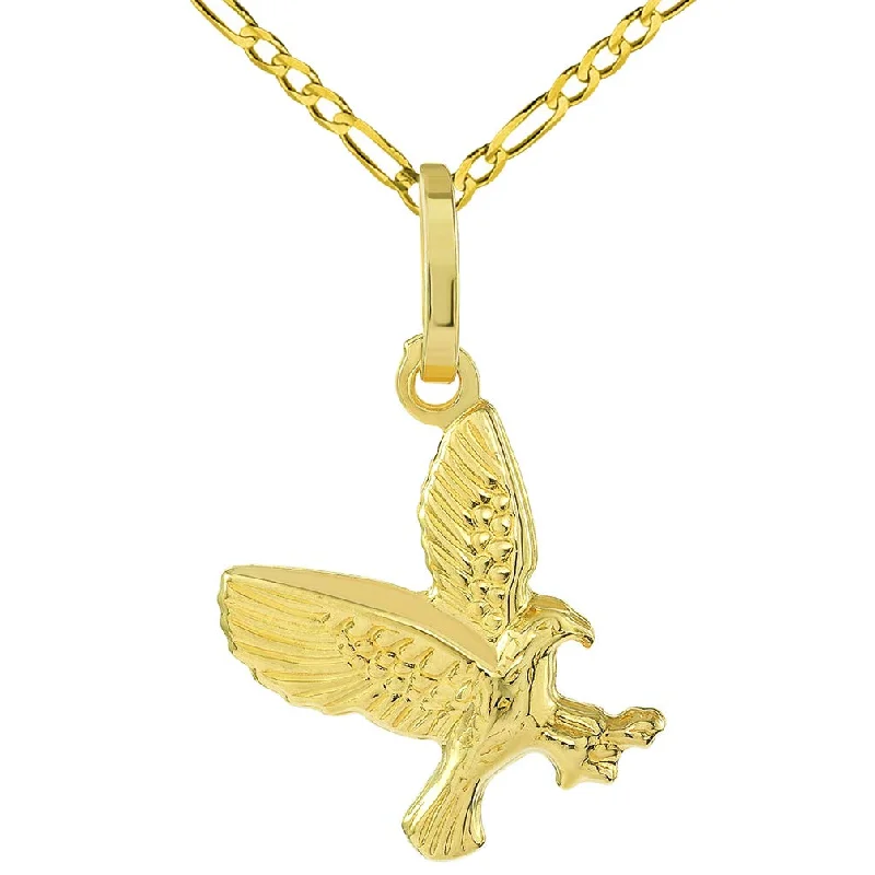 women charm necklaces -14k Yellow Gold 3-D Small Landing American Bald Eagle Charm Pendant with Figaro Chain Necklace