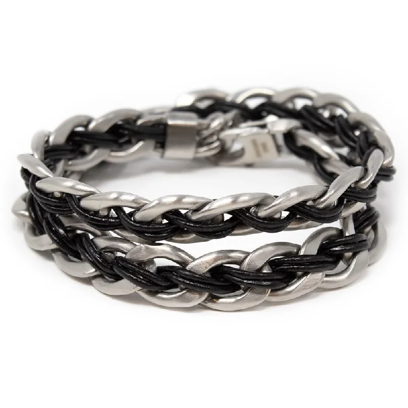 women large bangles -Men's Stainless Steel Anchor Chain with Leather Wrap Bracelet Black