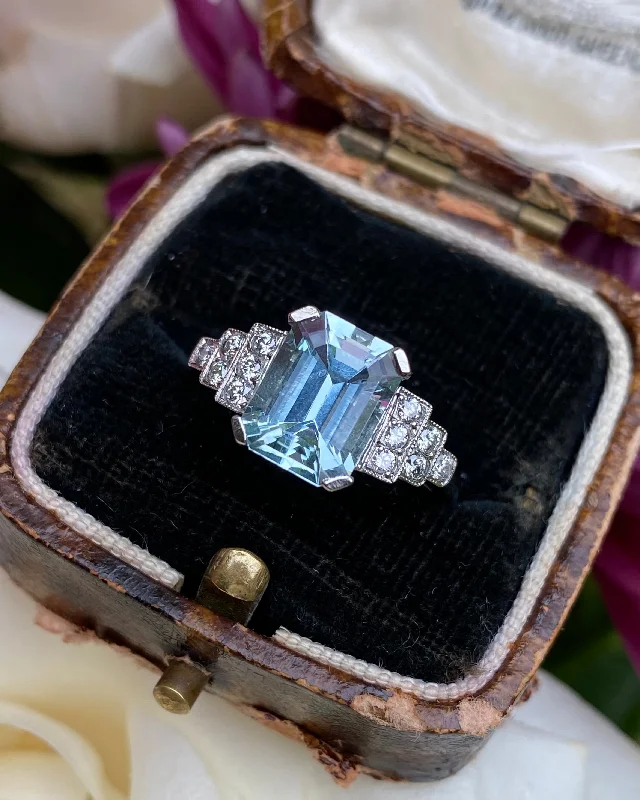 women solitaire rings -Art Deco Aquamarine and Diamond Ring Platinum 0.25ct + 1.90ct