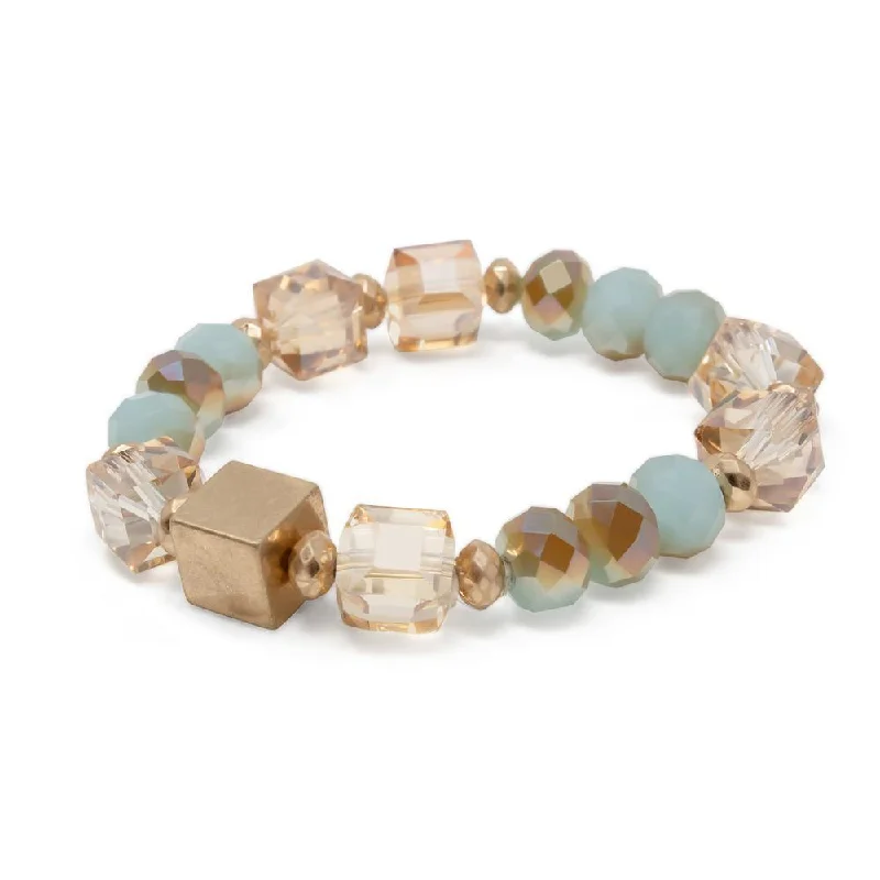 women charm bracelets -Green Glass Beaded Stretch Bracelet with Gold Tone Cube