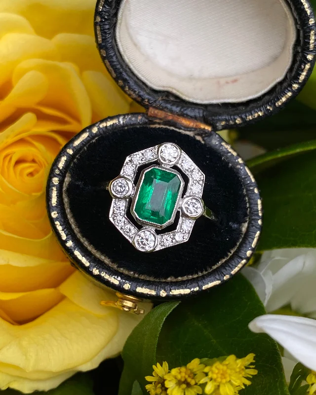 women men’s rings -Art Deco Emerald and Diamond Cluster Ring Platinum 0.45ct + 1.10ct