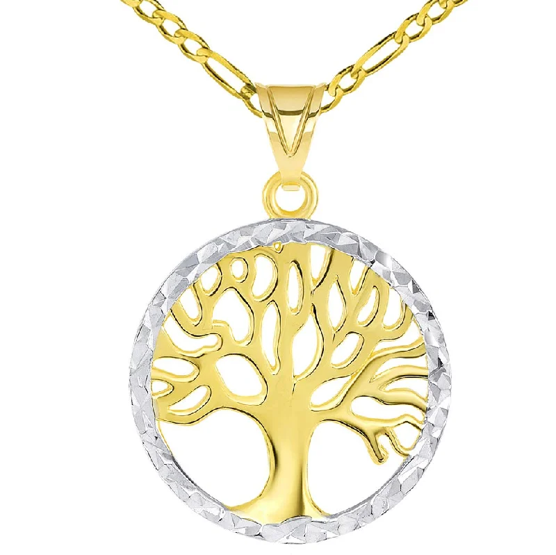 women gemstone pendant necklaces -14k Gold Textured Round Two Tone Tree of Life Medal Pendant with Figaro Chain Necklace - Yellow Gold