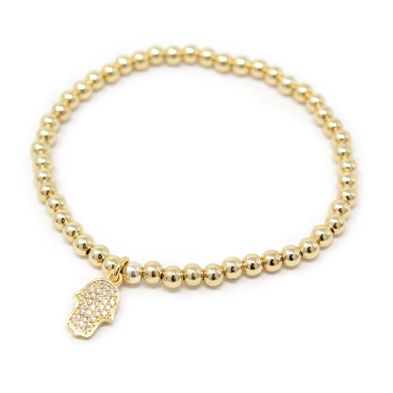 women friendship bracelets -Beaded Stretch Pave Hamsa Hand Bracelet Gold T