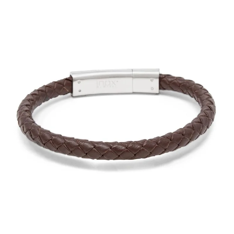 women gemstone bangles -Stainless Steel Brown Braided Leather Bracelet with Anchor