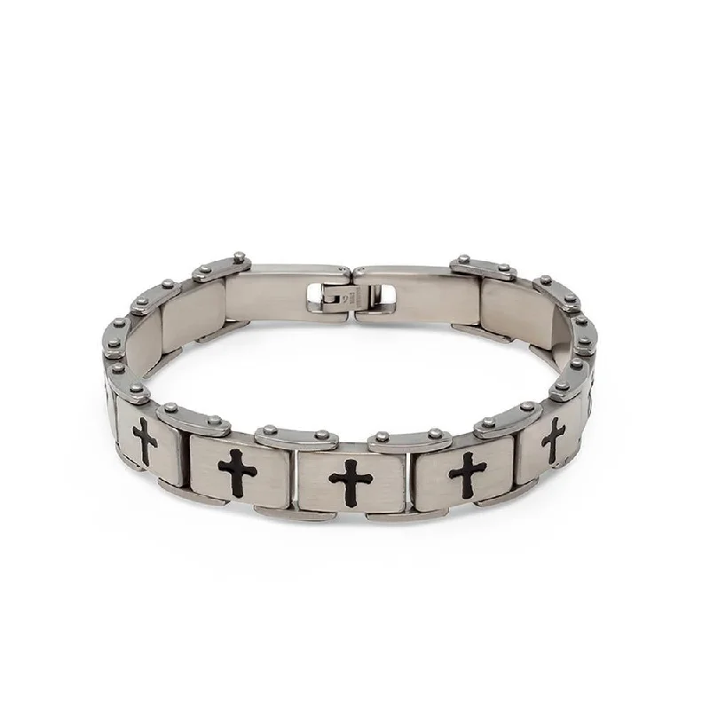 women silver bangles -Stainless Steel Black Cross Link Bracelet 8.5