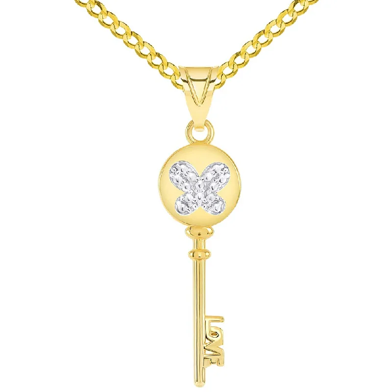 women adjustable necklaces -14k Yellow Gold Round Bow Handle Two Tone Butterfly Love Key Pendant with Curb Chain Necklace