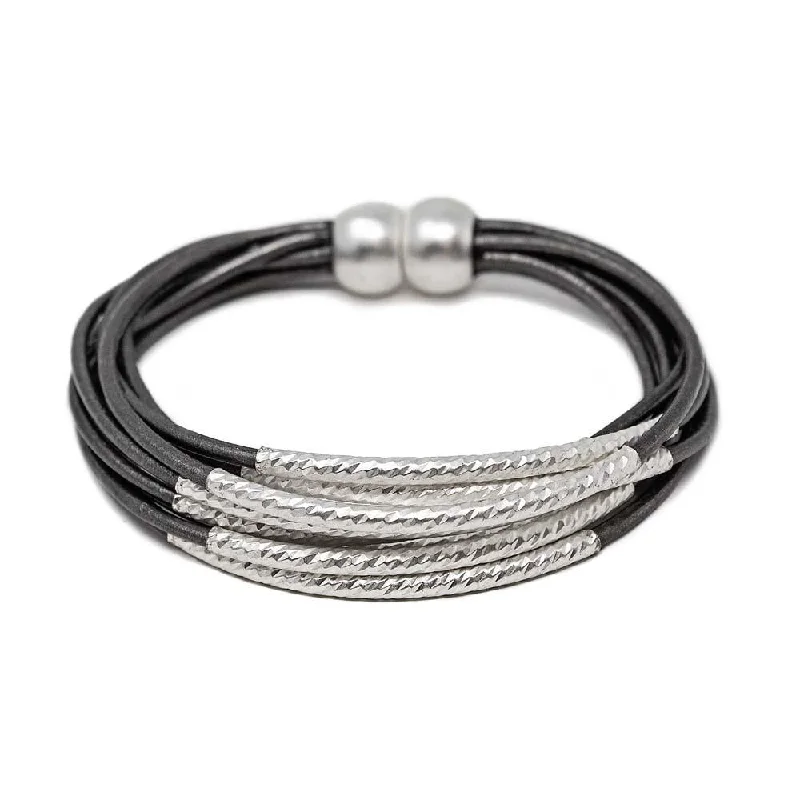 women thin bracelets -Leather String Bracelet Grey Matte Silver Tubes