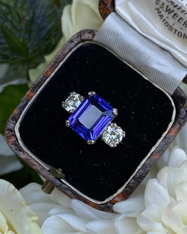 women luxury engagement rings -Tanzanite and Diamond Three Stone Platinum Ring 0.90ct + 3.45ct