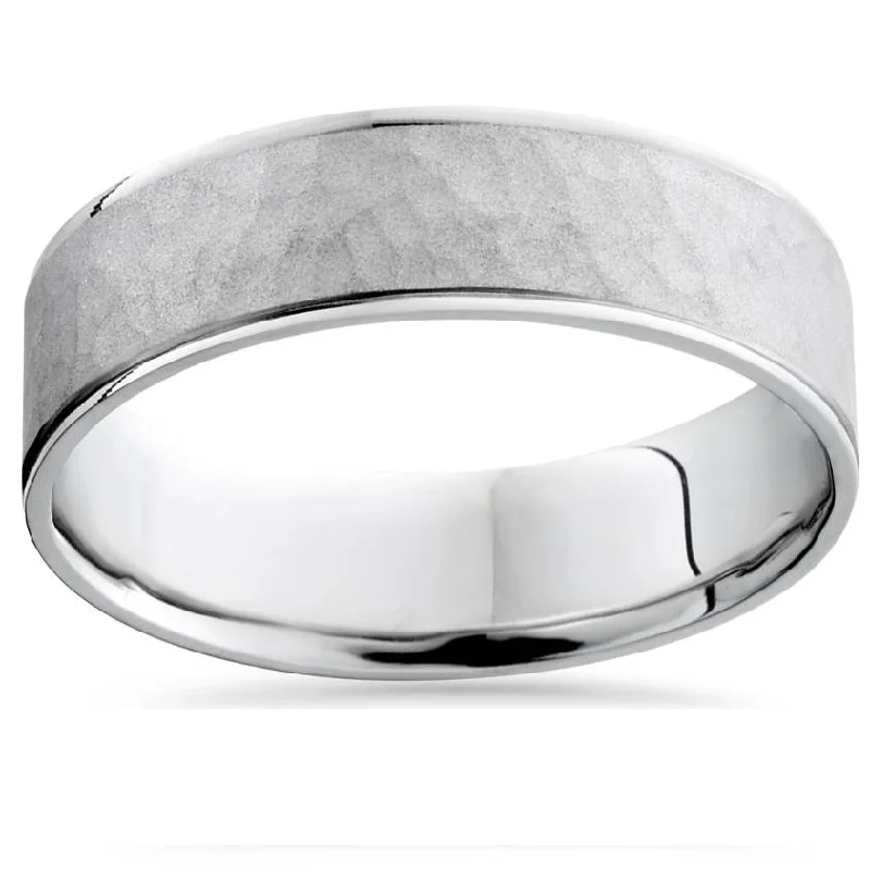 affordable engagement rings -Mens 14K White Gold Flat Hammered Wedding Ring Band Size Selectable