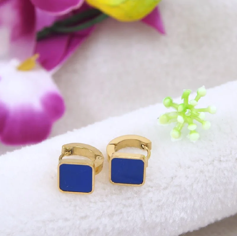 women sterling silver earrings -Tarohi JewelsStainless Steel Gold Plated Square Shaped Blue Coloured Hoops Earring- STNER 4056