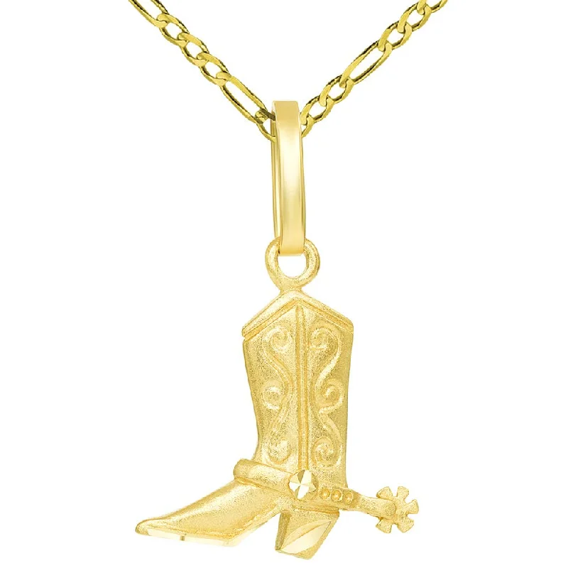 women adjustable necklaces -Solid 14k Gold Detailed 3D Cowboy Riding Boot with Spur Pendant Figaro Necklace - Yellow Gold