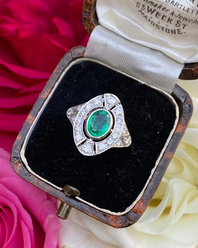 women rose gold rings -Art Deco Emerald and Diamond Platinum Ring 0.40ct + 0.80ct