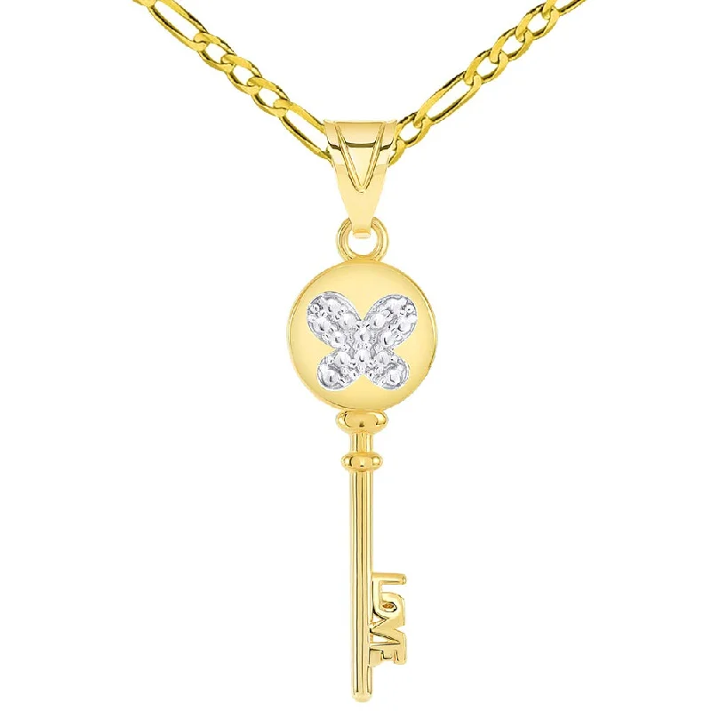 women minimalist necklaces -14k Yellow Gold Round Bow Handle Two Tone Butterfly Love Key Pendant with Figaro Chain Necklace