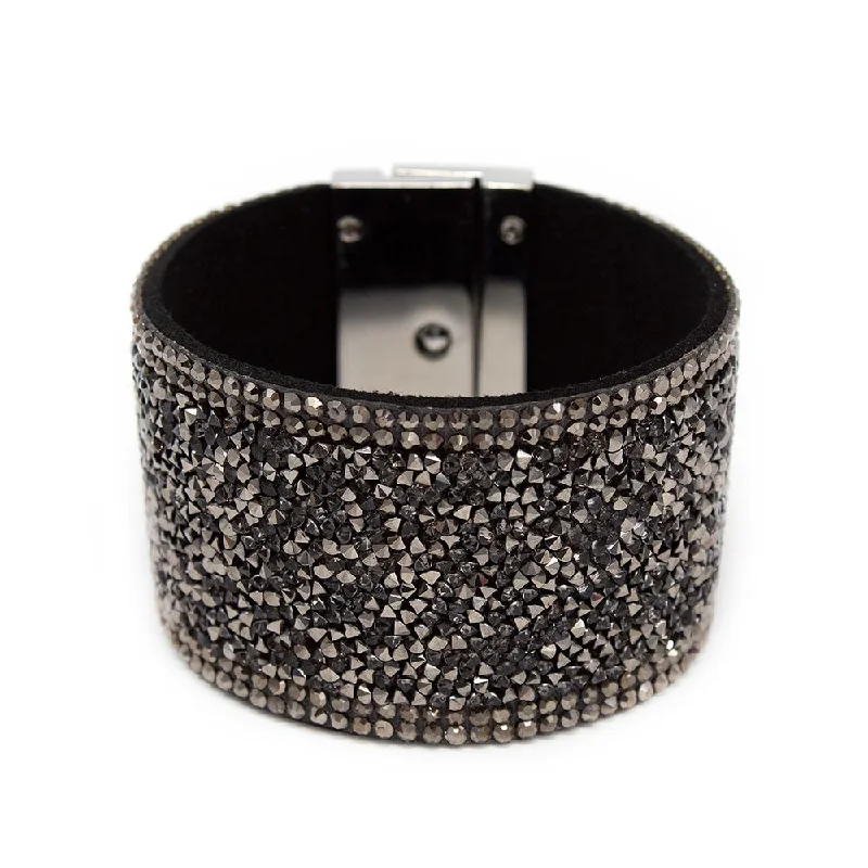 women silver bangles -Suede Cuff Bracelet Crystals Dark Grey