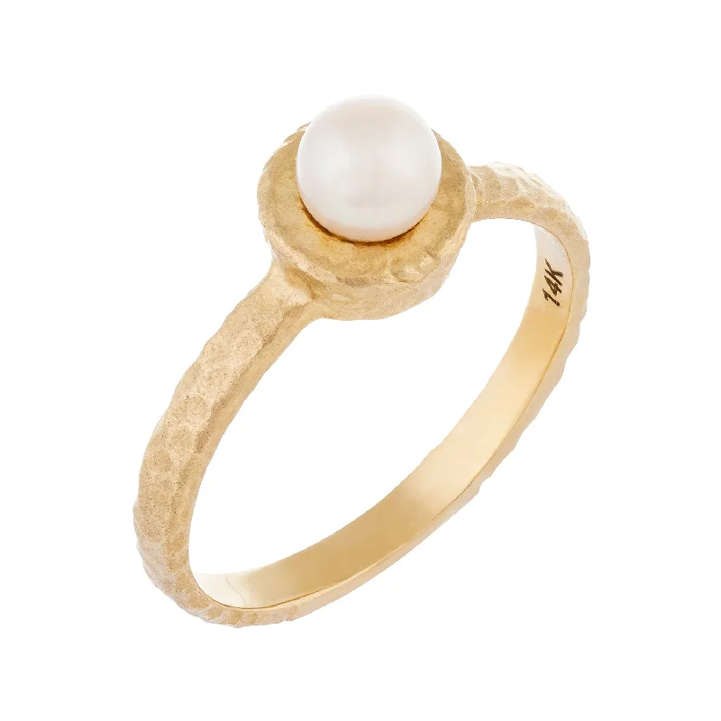 romantic engagement rings -14k Yellow Hammered Gold Pearl Ring