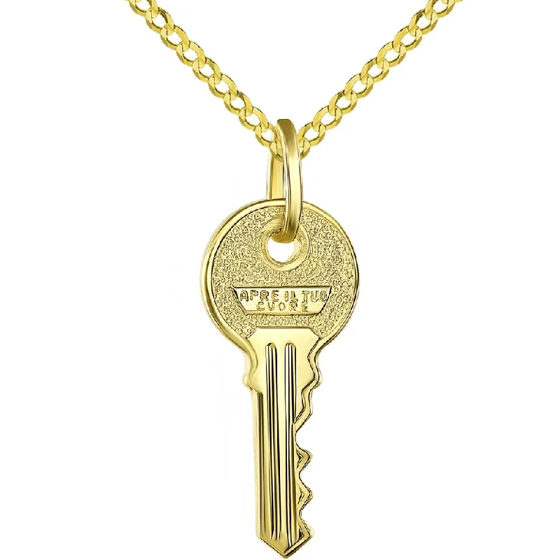 women birthstone pendant necklaces -Solid 14K Yellow Gold Key with Apre il Tuo Cuore Charm Open Your Heart Pendant with Cuban Chain Necklace